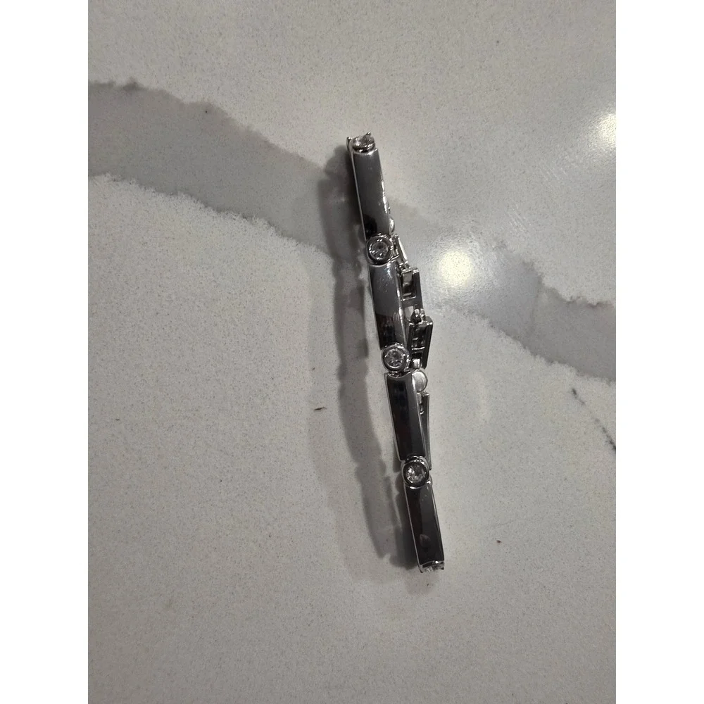 Silver Tone Bar Link Bracelet with Bezel Set Crystals Minimalist Jewelry